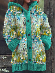 Floral Embroidery Art Women's Hooded Sweater Cardigan