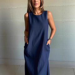 ✨Bawełniana lniana sukienka bez rękawów z rozcięciem w jednolitym kolorze