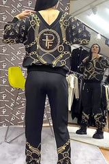 Damski top ze wzorzystymi kryształkami i dopasowane spodnie – dwuczęściowy zestaw