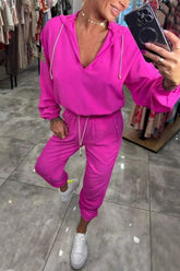 🔥Dwuczęściowy komplet damski z luźnym topem z dekoltem w serek i dopasowanymi spodniami