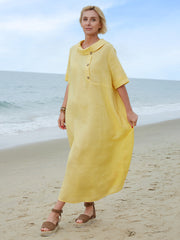 100% lniana damska sukienka z kołnierzykiem Piotrusia Pana, luźna, swobodna, z krótkim rękawem