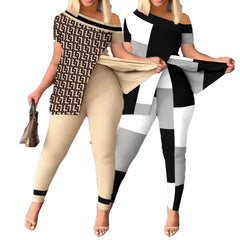 Damski letni, nadrukowany top z odkrytymi ramionami i spodnie, dwuczęściowy komplet