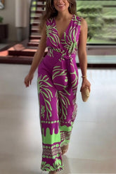 Niepowtarzalny, drukowany kombinezon bez rękawów z dekoltem w serek i wiązaniem w talii