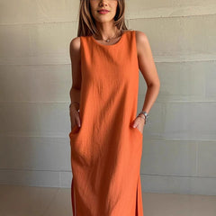 ✨Bawełniana lniana sukienka bez rękawów z rozcięciem w jednolitym kolorze