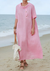 100% lniana damska sukienka z kołnierzykiem Piotrusia Pana, luźna, swobodna, z krótkim rękawem