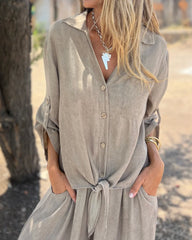 Koszula casualowa w jednolitym kolorze, dwuczęściowy garnitur z szerokimi nogawkami