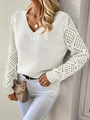 Wiosenno-jesienny, dzianinowy top z długim rękawem i dekoltem w kształcie litery V