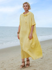 100% lniana damska sukienka z kołnierzykiem Piotrusia Pana, luźna, swobodna, z krótkim rękawem