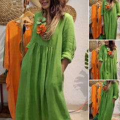 Damska swobodna sukienka lniana z długim rękawem w stylu boho