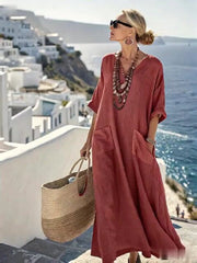 Damska luźna, jednolita, lniana sukienka z kieszeniami