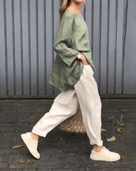 Luźny, okrągły dekolt, top i spodnie, dwuczęściowy komplet