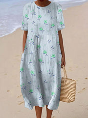 Damska sukienka lniana z krótkim rękawem z kwiatowym nadrukiem i okrągłym dekoltem