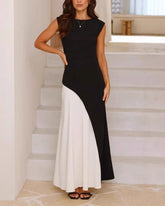 Czarno-biała sukienka z blokiem kolorów i talią