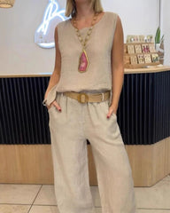 2025 Nowy komplet spodni bez rękawów z bawełny i lnu w jednolitym kolorze, 2 sztuki✨