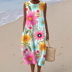 Letnia damska sukienka bez rękawów z okrągłym dekoltem