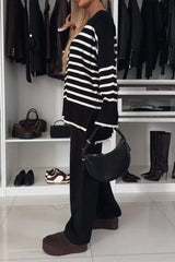 Damski wielokolorowy sweter w paski z okrągłym dekoltem, swobodny, dzianinowy garnitur