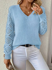 Wiosenno-jesienny, dzianinowy top z długim rękawem i dekoltem w kształcie litery V