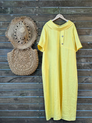 100% lniana damska sukienka z kołnierzykiem Piotrusia Pana, luźna, swobodna, z krótkim rękawem