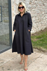 Damska sukienka z golfem i bawełny z podwójnymi kieszeniami, na co dzień