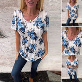 Damska luźna bluzka z okrągłym dekoltem i krótkim rękawem w kwiaty