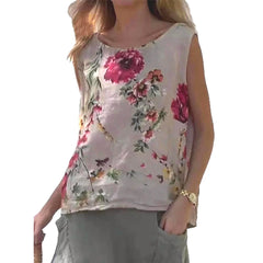 2025 Lato Nowa Okrągła Dekolt Kwiatowy Bawełna i Len Kamizelka🌺👚