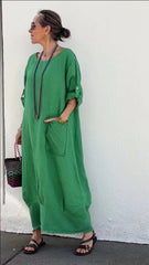 Długa sukienka z bawełny i lnu w stylu patchworku