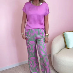 Top i drukowane szerokopasmowe spodnie 2-częściowy zestaw