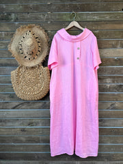 100% lniana damska sukienka z kołnierzykiem Piotrusia Pana, luźna, swobodna, z krótkim rękawem