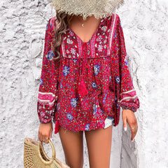 Sznurowana koszula z długimi rękawami w stylu boho, z dekoltem w kształcie litery V