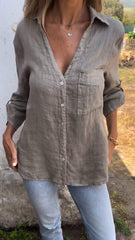 Koszula z klapami i krótkim rękawem, wykonana z bawełny i lnu