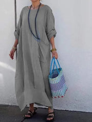 Długa sukienka z bawełny i lnu w stylu patchworku