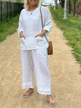 Dwuczęściowy garnitur z bawełny i lnu z okrągłym dekoltem