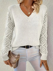 Wiosenno-jesienny, dzianinowy top z długim rękawem i dekoltem w kształcie litery V