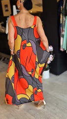 Sukienka damska z kwadratowym dekoltem i nadrukiem na szelkach