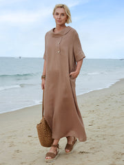 100% lniana damska sukienka z kołnierzykiem Piotrusia Pana, luźna, swobodna, z krótkim rękawem