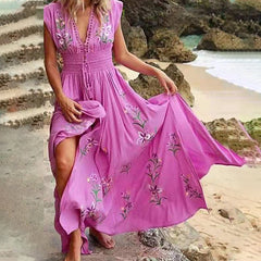 Damska długa letnia sukienka w stylu boho z dekoltem w szpic