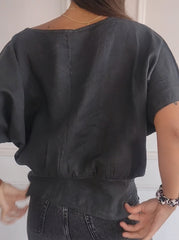 Prosta, jednokolorowa koszulka z bawełny i lnu, z półrękawem i dekoltem w kształcie litery V