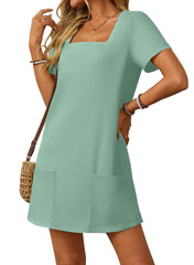 Wyprzedaż ograniczona czasowo🔥Sukienka damska z kwadratowym dekoltem, kieszeniami i krótkim rękawem