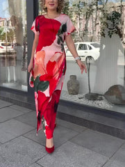 Elegancka, długa sukienka damska z nadrukiem kwiatowym