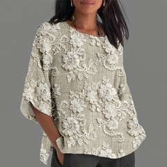 Luźny top z 3/4 rękawami i nadrukiem kwiatowym 3D