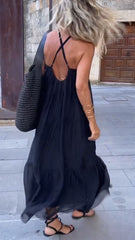 Damska sukienka swobodna z okrągłym dekoltem i szelkami