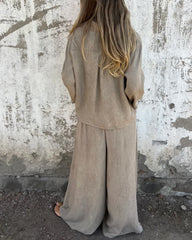 Koszula casualowa w jednolitym kolorze, dwuczęściowy garnitur z szerokimi nogawkami