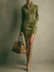 Sukienka mini z zamszu ze stójką i zamkiem błyskawicznym