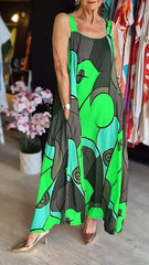 Sukienka damska z kwadratowym dekoltem i nadrukiem na szelkach