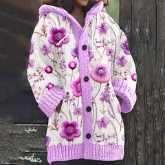 Floral Embroidery Art Women's Hooded Sweater Cardigan