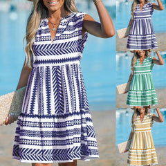 Damska Codzienna Sukienka Bez Rękawów z Dekoltem w Serek i Wzorem