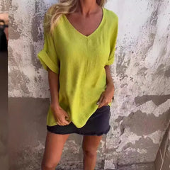 🌿Damska lniana koszulka z dekoltem w serek