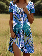 Sukienka z okrągłym dekoltem i nadrukiem w stylu indyjskim, z krótkim rękawem
