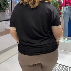 Damski, swobodny, elegancki top z nadrukiem i dekoltem w serek