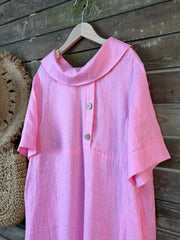 100% lniana damska sukienka z kołnierzykiem Piotrusia Pana, luźna, swobodna, z krótkim rękawem